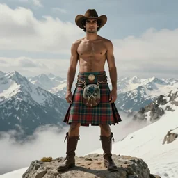 a homoerotic portrait by greg rutkowski and albert bierstadt and bill ward of a beautiful shirtless brown desi man on a mountain peak | he is wearing a reavealing tartan kilt, cowboy hat, and leather boots | background is snowy mountains and clouds | detailed face, ethereal, dreamlike | trending on artstation