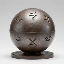 an iron ball with weird symbols engraved on it, the ball is on a pedestal. the light enter the room by a hole in the ceiling. close - up. steampunk.