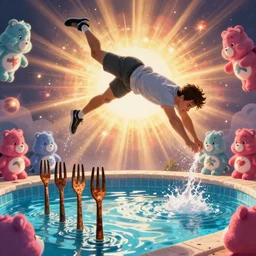 Bitcoin man diving into a pool of rusty forks, the world getting blown up by care bears as the background