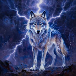 spirit wolf made of electricity thunder storm by GEOGLYPHIKS by FABIÁN JIMÉNEZ by MICHAEL DIVINE by AMANDA SAGE in the style of oil painting visionary art, intricate oil painting artwork. , trending on artstation, very coherent symmetrical artwork, oil painting