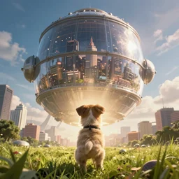 a puppy looking in awe at a huge city in a massive cylindrical space station, cinematic view, epic sky, detailed, concept art, low angle, high detail, warm lighting, volumetric, godrays, vivid, beautiful, trending on artstation, by jordan grimmer, huge scene, grass, art greg rutkowski