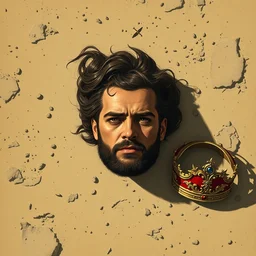 top down view, medium shot of a defeated lies king face down on the ground in surrender, his crown laying beside him, limited earth tone neutral palette, by petros afshar, anton fadeev, will barnet, beautiful graphic full body portrait, propaganda poster art 1 9 7 0 s illustrated advertising art, painterly character design