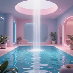 A ray of light glimmering over a pool in a futuristic setting, cyberpunk, neon lights, pastel colours