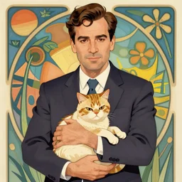 “ portrait of george costanza from seinfeld holding grumpy cat, art nouveau, summer of george, by alphonse mucha ”