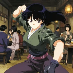 anime visual portrait of a female warrior in a busy medieval tavern interior, beautiful face by ilya kuvshinov, yoh yoshinari, dynamic pose, dynamic perspective, flat, mucha, rounded eyes, moody, psycho pass, kyoani, paprika, anime proportions, masakazu katsura