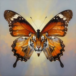 painting a beautiful butterfly with a tiger head by zdzislaw beksinski, by tiffany bozic, gradient background, concept art, beautiful composition, digital painting,