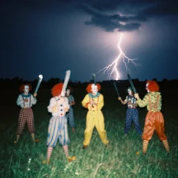 1 3 mm film photograph of a group of clowns in a field holding machetes, liminal, dark, thunderstorm lightning, dark, flash on, blurry, grainy, unsettling