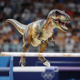 trex competing at the olypmics in the uneven bars event, sports photography, high detail, 4 k