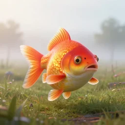epic professional digital portrait art of a smiling  anthropomorphic goldfish on a morning stroll along the misty moors, best on artstation, cgsociety, wlop, Behance, pixiv, astonishing, impressive, outstanding, epic, cinematic, stunning, gorgeous, concept artwork, much detail, much wow, masterpiece.