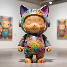 8 k octan, advertising, highly detailed, photo, a totally wooden figurine collectible art toys wooden on feet, very cute fat phychedelic cyborg zen with cat ears, graffiti colored cyberpunk a contemporary art gallery, symetrical, masterpiece, nofinito, design