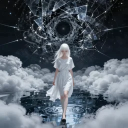 white haired girl walking in cloud pond night, shattered sky, fractal dreamscape, cinematic, mirror reflection, vibrant colors, digital anime illustration, award winning,