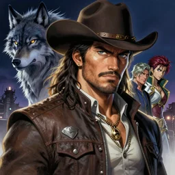 illustration of a man resembling ( ( ( ( ( ( jason momoa ) ) ) ) ) ) as a cowboy, nightwolf from mortal combat | art by hirohiko araki + jean giraud + artgerm + jack kirby | intricate, high detail, digital painting