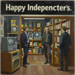 happy independent bookstore. vantablack cloth technology, vintage shapes, retro technology, happy colors dariusz zawadzki, tim hildebrandt, wayne barlow, bruce pennington, larry elmore, oil on canvas, deep depth field, masterpiece, cinematic composition, hyperdetailed