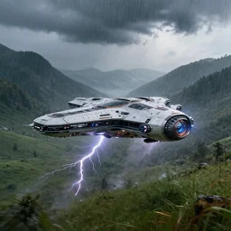 Futuristic spaceship flying on high speed through rainstorm above grassy valley with gorgeous mountain range in the background, view from above, cinematic, dramatic volumetric lightning, epic composition, 8K Ultra HD, high detail, Octane render