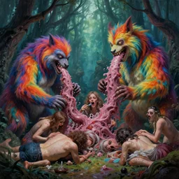 an orgy of colorful, beautiful flesh - eating giant timikawas with rainbow fur eating terrified humans, in a whimsical forest with melting trees, nightmare scene, supernatural, highly detailed, creepy, terrifying, david cronenberg, hyper realistic digital painting