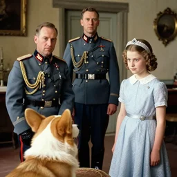 1 9 4 6 historical photo 1 3 5 mm of a single german general and a young queen elizabeth, a cute corgi watches, french village interior, highly detailed, sharp focus, symmetrical face