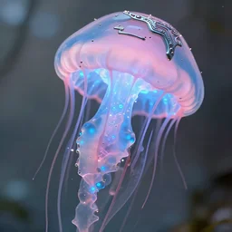 natural light, soft focus portrait of a cyberpunk anthropomorphic jellyfish with soft synthetic pink skin, blue bioluminescent plastics, smooth shiny metal, elaborate ornate head piece, piercings, skin textures, by annie leibovitz, paul lehr