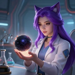 league of legends concept art beautiful young female scientist examining spherical black hole in her hand, long purple hair, cat ears, futuristic laboratory background interior, table with laboratory equipment, art by charles liu, close - up shot, fantasy style, soft lighting, vibrant color scheme, female portrait, ultra detailed, volumetric lighting, octane render, commission art, 8 k wallpaper