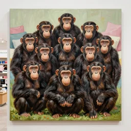 a painting of a large group of chimpanzees in a bed bath & beyond store
