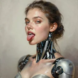 attractive female i robot sticking tongue out sensually and sweating, torso portrait, intricate, elegant, volumetric lighting, scenery, digital painting, highly detailed, artstation, sharp focus, illustration, concept art, luis rollo, ruan jia, steve mccurry, john berkey