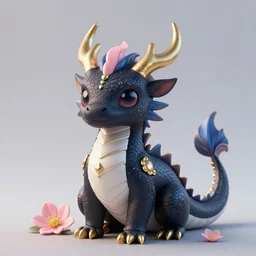 cute small dragon, dark, black white, blue, pink and gold color scheme, flowers, cool, highly detailed, artgerm, cushart krenz, artstation, soft light, sharp focus, illustration, character design, concept art