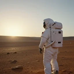 astronaut looking out over a valley on mars at sunrise