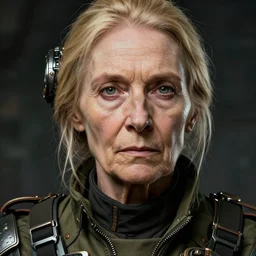 An dieselpunk old woman in military fatigues || aged face, VERY VERY ANIME!!!, fine-face, age lines, blonde hair, realistic shaded perfect face, fine details. Anime. realistic shaded lighting poster by Ilya Kuvshinov katsuhiro otomo ghost-in-the-shell, magali villeneuve, artgerm, Jeremy Lipkin and Michael Garmash and Rob Rey