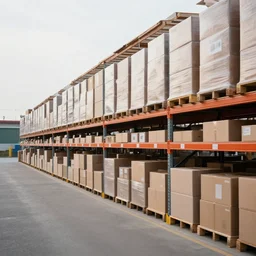 a warehouse with long rows of boxes and shelving outdoors