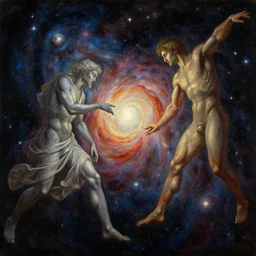 the creation of the human race from the material in the stars. cosmos, detailed oil painting by vincent di fate michelangelo and alan lee