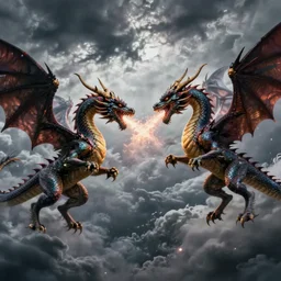 two dragons duelling in the sky, angry fighting, epic stormy weather, fantasy art, octane render, high detail, 8k, unreal engine 5, photorealistic, dragon breath, in the style of Greg Rutkowski,