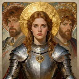 masterpiece head-on symmetrical centered painted portrait, Elisha Cuthbert as a female warrior paladin, golden halo, saintly, glorious, wearing full metal armour, by Edgar Maxence, by Ross Tran, by Zdzisław Beksiński, by Michael Whelan, by Mucha, 8k, octane render