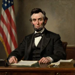 portrait of the united states president, suit and tie, long tie, windsor knot, sitting at the resolute desk, he resembles abraham lincoln, oil on canvas by william sidney mount - 1 9 9 8, trending on artstation