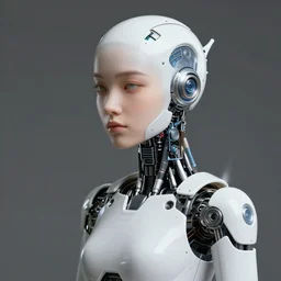 beautiful Fine art photography of a solarpunk part robot part human girl with real human face and torso, white background, highly detailed, medium shot, photorealism, sunset lighting 8k