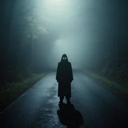 mist, there\'s a shadowy figure on the road, with glowing eyes