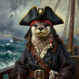 portrait an otter pirate captain on a ship, storming sea in the background, oil painting by alexander roslin, 4k, concept art highly detailed, trending on artstation