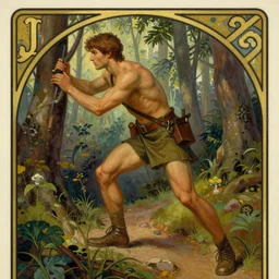 an epic painting of a handsome shirtless scout forging a path through the forest, homoerotic, tarot card, art nouveau, art deco, trending on artstation