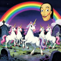 A herd of unicorns dancing on a rave in a graveyard under a rainbow in the sky, comic by Salvador Dali
