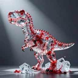 a dinosaur made of liquid glass filled with red ink and ice