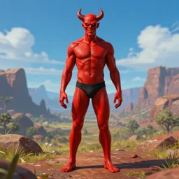 a male red devil wears a swimming trunks ,fullbody, hell, landscape, pride, ,environment, artstation