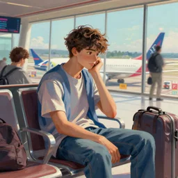 young man sitting on the lounge of an airport, waiting for his brother to land, bored expression, extremely intricate, vibrant colors, calm atmosphere, digital painting, octane