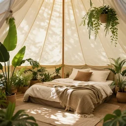 interior of a tent, queen bed, multiple green plants, aesthetic decor, hippie decor, hyperrealistic, dappled sunlight, phhotography