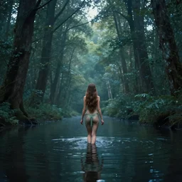 forest nymph rising from the water. view from behind, wide angle view, back view. nuri iyem, james gurney, james jean, greg rutkowski, anato finnstark. trending on artstation, starlight, and enchanted dreams. instagram photo shoot, sigma 3 5 mm, award winning photography, cinematic, ultra detailed, beautiful lighting