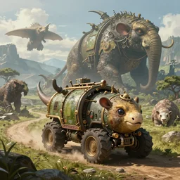 a concept art illustration, fantasy, cute living vehicle creature, megafauna creatures, large biomes, hyper realistic, photorealistic, art by wlop, hyper detail, trendung on artstation, cgsociety, ultra sharp, digital painting