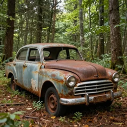 an old broken down and rusted car sits alone in the middle of a forest, digital art, highly detailed, realistic, bright colors, 8 k