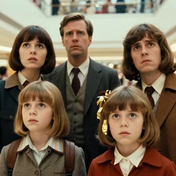 sharp, highly detailed, high quality 7 0 mm frame scan from a sci fi blockbuster color movie made in 2 0 1 9, a family of four time travelers from 1 9 6 0 travel in time to 2 0 1 9, appearing in a shopping mall, looking confused, the family are all wearing 1 9 6 0 s era clothes, good lighting, in focus, cinematic still, high quality scan, in focus, 3 5 mm macro lens, detailed eyes, realistic faces and details, oscar winner, award winning lighting, award winning photography, ultra high definition