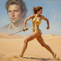 detailed movie poster, princess of mars running, seen from the side, dunes, detailed gold bikini armor, sword, portrait, oil painting, by sargent,