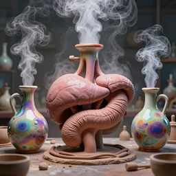 an alchemical laboratory of voices made from ceramic alembics, vapour, air flow, clay, no humans, alchemy, steam, larynx, oesophagus texture, 8 k, unreal, high resolution, vivid iridescent colours,