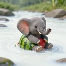 a small elephant sits in a watermelon peel and swims in a river of white milk, white water