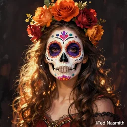 Illustration of a sugar skull day of the dead girl, art by Ted Nasmith