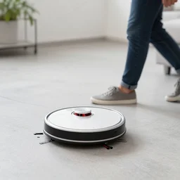 a robot walking a roomba on a leash